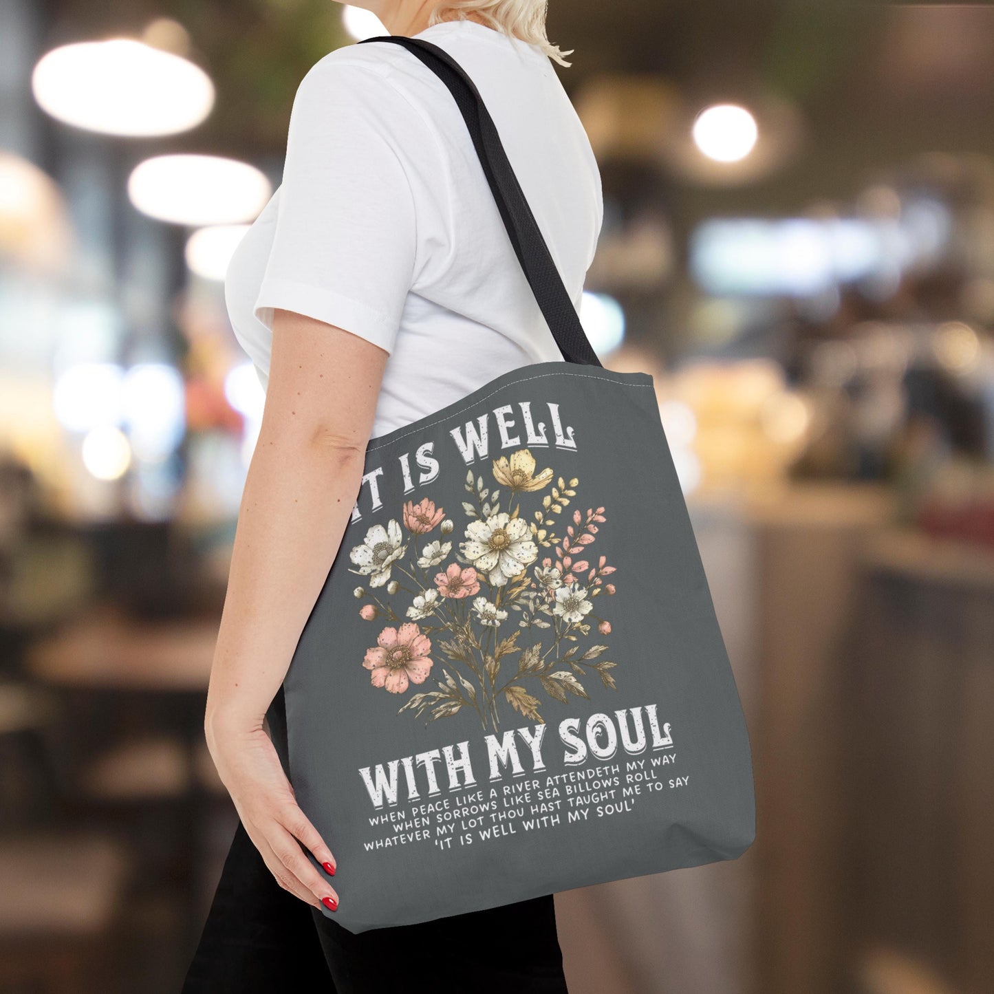 Floral Christian Tote Bag – “It Is Well With My Soul” | Inspirational Faith Gift for Women | Bible Verse Church Bag