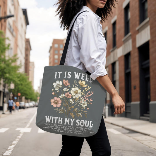 Floral Christian Tote Bag – “It Is Well With My Soul” | Inspirational Faith Gift for Women | Bible Verse Church Bag