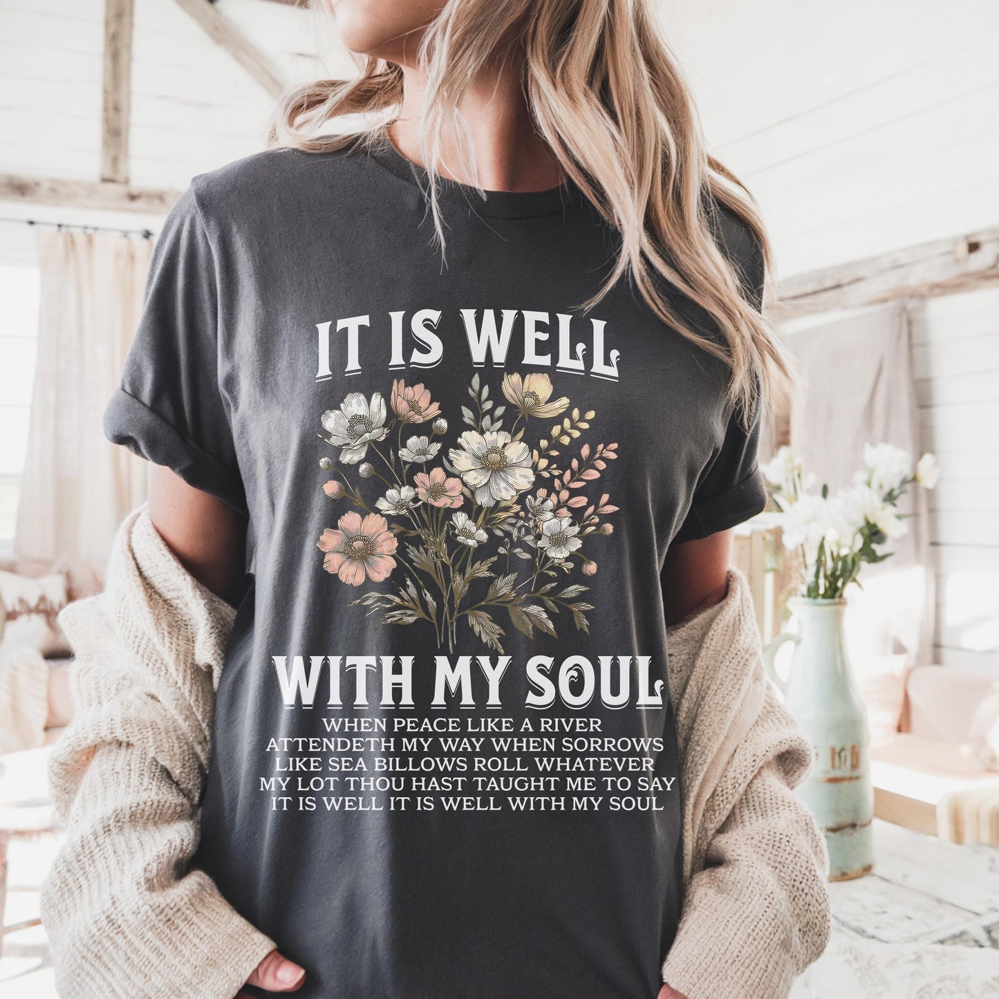 Boho Christian T-Shirt – Comfort Colors® Faith Tee with Bible Verse – Floral “It Is Well With My Soul” Shirt