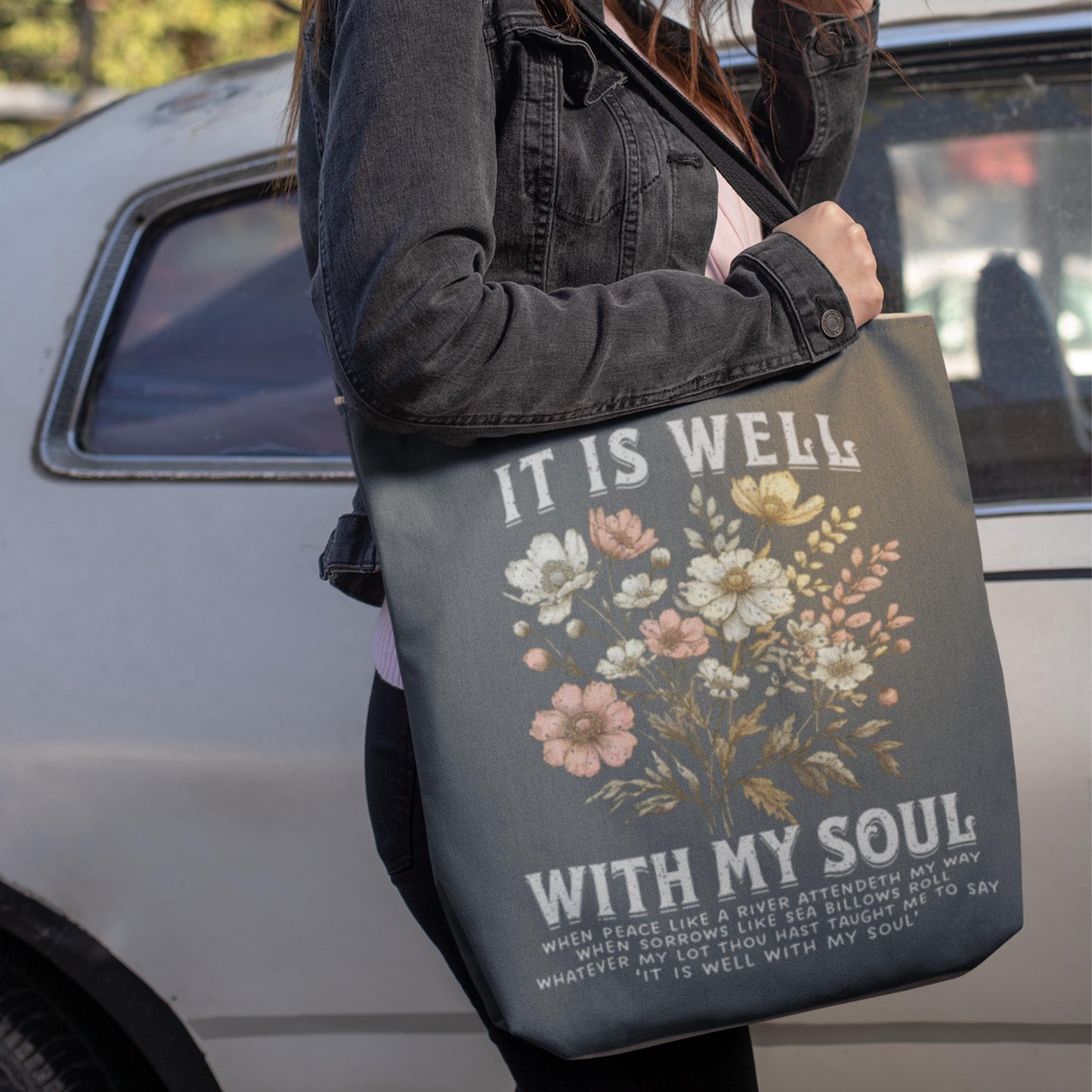 Floral Christian Tote Bag – “It Is Well With My Soul” | Inspirational Faith Gift for Women | Bible Verse Church Bag