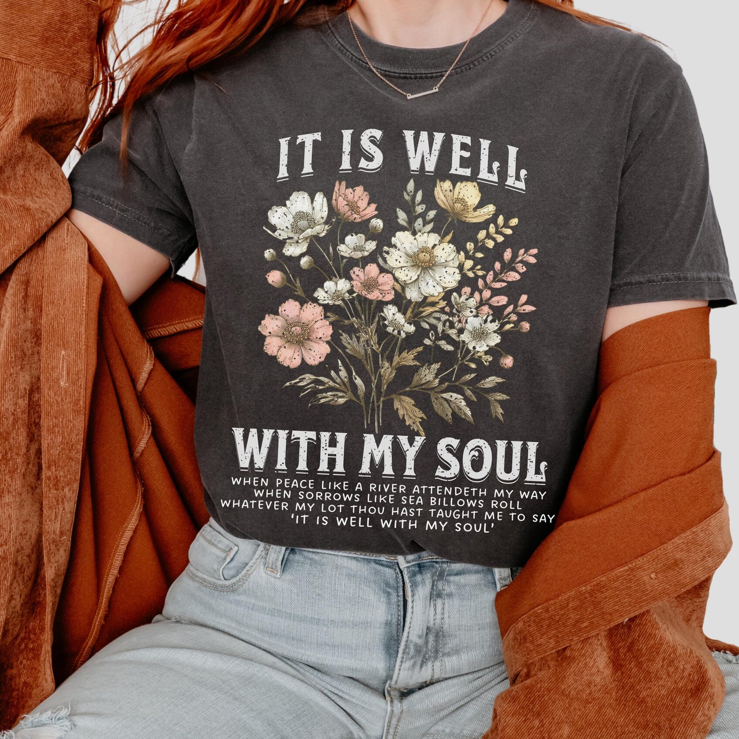 Boho Christian T-Shirt – Comfort Colors® Faith Tee with Bible Verse – Floral “It Is Well With My Soul” Shirt