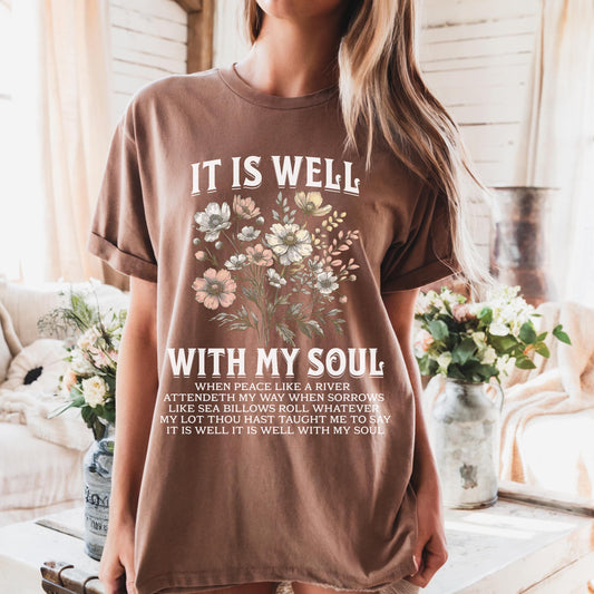 Boho Christian T-Shirt – Comfort Colors® Faith Tee with Bible Verse – Floral “It Is Well With My Soul” Shirt