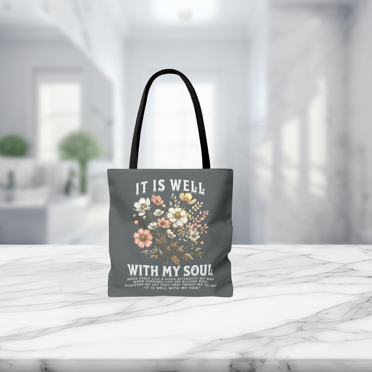 Floral Christian Tote Bag – “It Is Well With My Soul” | Inspirational Faith Gift for Women | Bible Verse Church Bag