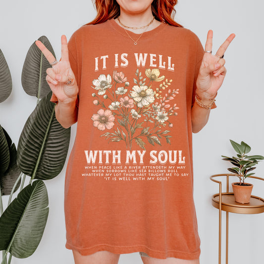 Boho Christian T-Shirt – Comfort Colors® Faith Tee with Bible Verse – Floral “It Is Well With My Soul” Shirt