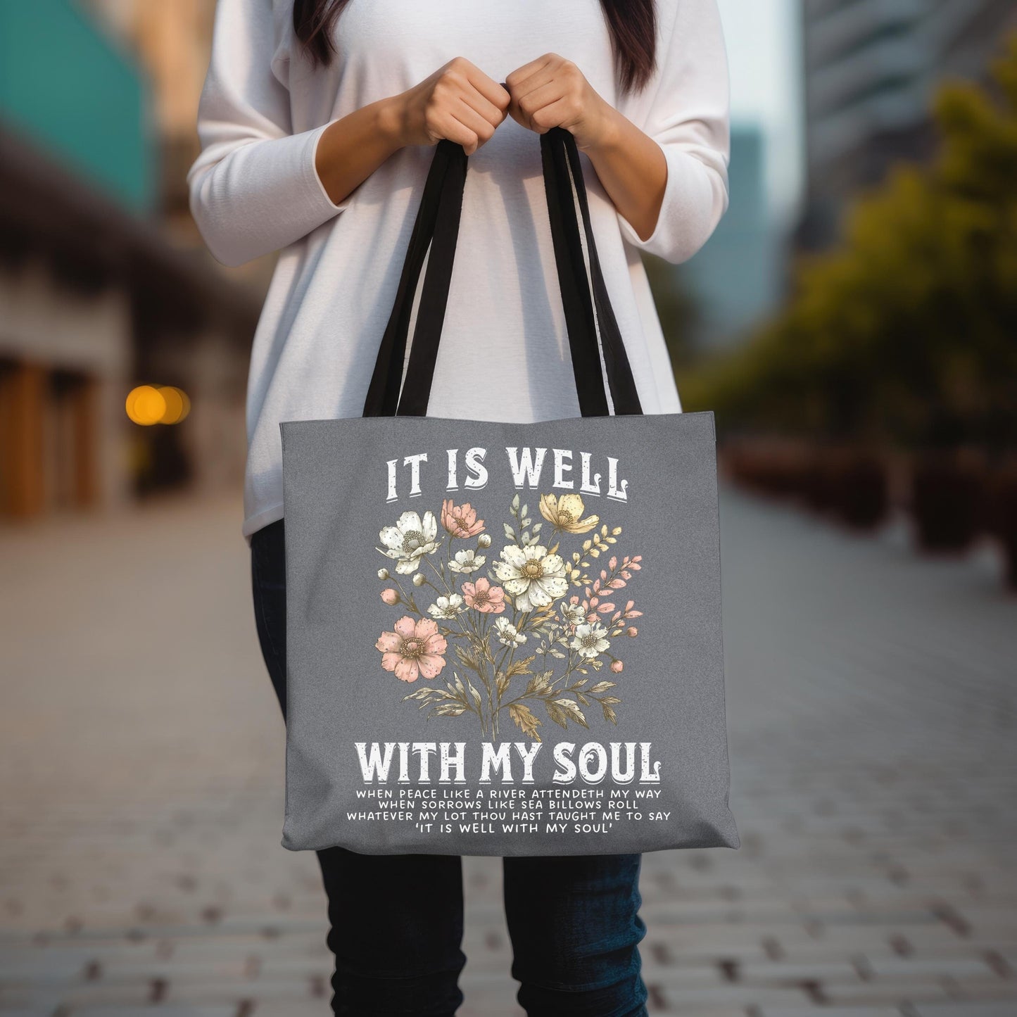 Floral Christian Tote Bag – “It Is Well With My Soul” | Inspirational Faith Gift for Women | Bible Verse Church Bag